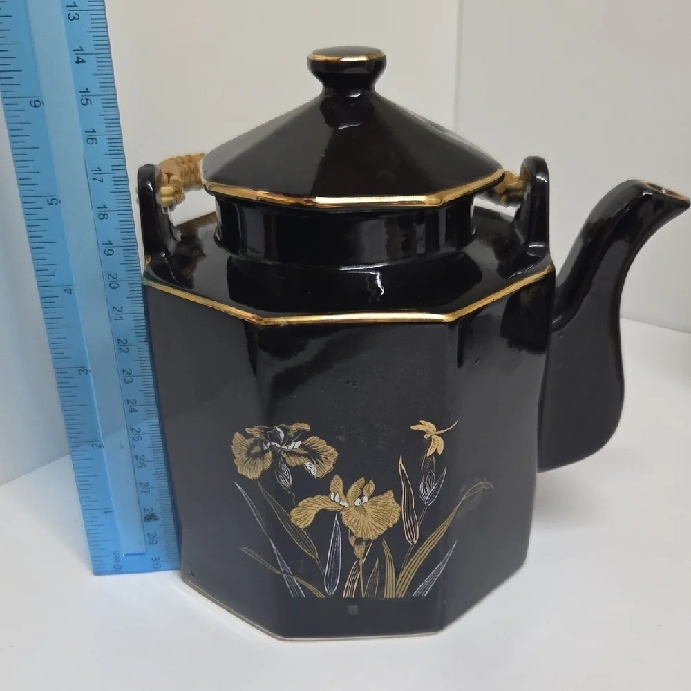 Vintage Black and Gold Floral Tea Set with Bamboo Handle
